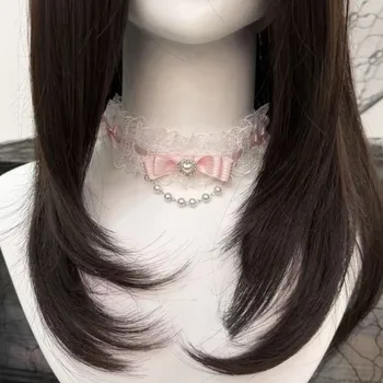 Collana girocollo alla moda con fiocco in pizzo e volant per donna, collana girocollo stile Lolita con perle per ragazza, collana con colletto in pizzo, accessori carini per il collo
