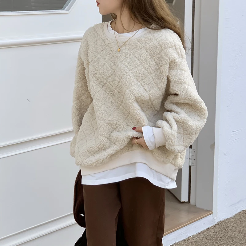 Lambswool New Tops Women Kawaii Sweatshirts Autumn Winter Thick O Neck Fleece Oversize Pullover Solid Sweatshirt Woman Fleeces