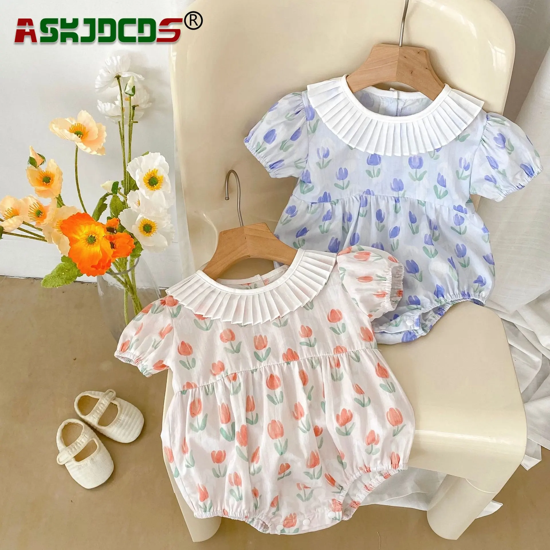 

Bodysuits Cute Summer Infant Baby Girls Short Sleeve Tulip Print Pleated O-collar Outdoor Clothing Kids Newborn Cotton