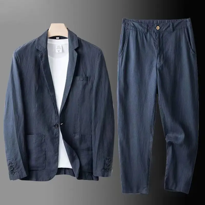 Spring Autumn Fashion Men Linen Two-piece Set Blazer Jacket + Pants Solid Slim Fit Casual Business Thin Clothing Breathable Suit 2