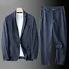 Spring Autumn Fashion Men Linen Two-piece Set Blazer Jacket + Pants Solid Slim Fit Casual Business Thin Clothing Breathable Suit 2