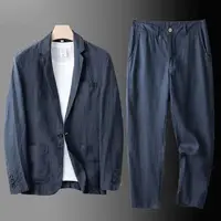 Spring Autumn Fashion Men Linen Two-piece Set Blazer Jacket + Pants Solid Slim Fit Casual Business Thin Clothing Breathable Suit 2