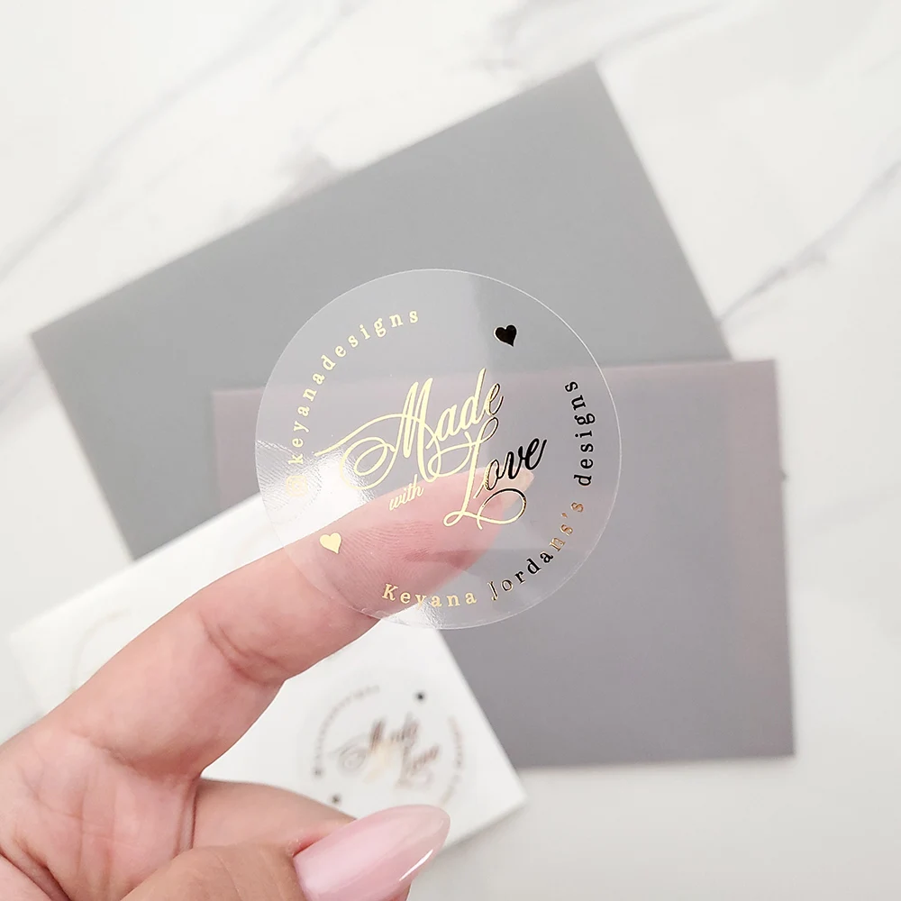 Round Gold Foil Clear Label Stickers 50pcs Custom Wedding Party Envelope Gift Bag Candles Box Pack Cookie Thank You