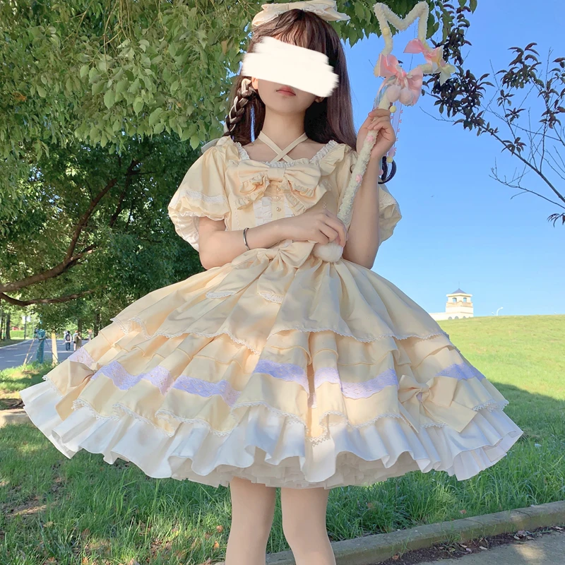 Japanese Sweety Lolita Soft Girly Dress Kawaii Short Sleeve Bow OP
