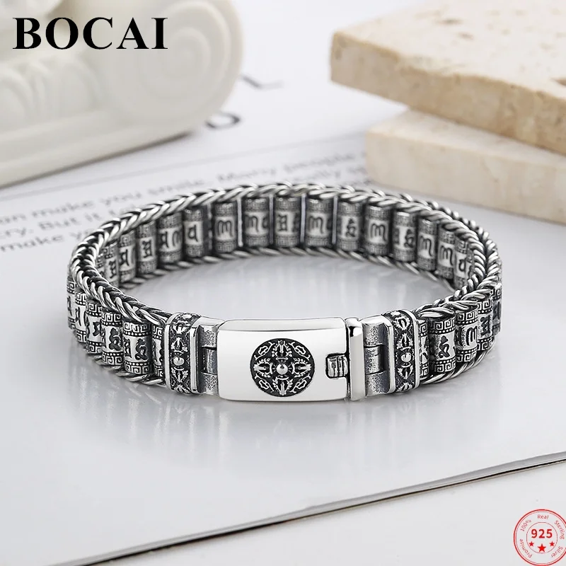 

BOCAI S925 Sterling Silver Bracelets for Men New Fashion Ethnic Style Heavy Six Character Mantra Prayer-Wheel Free Shipping