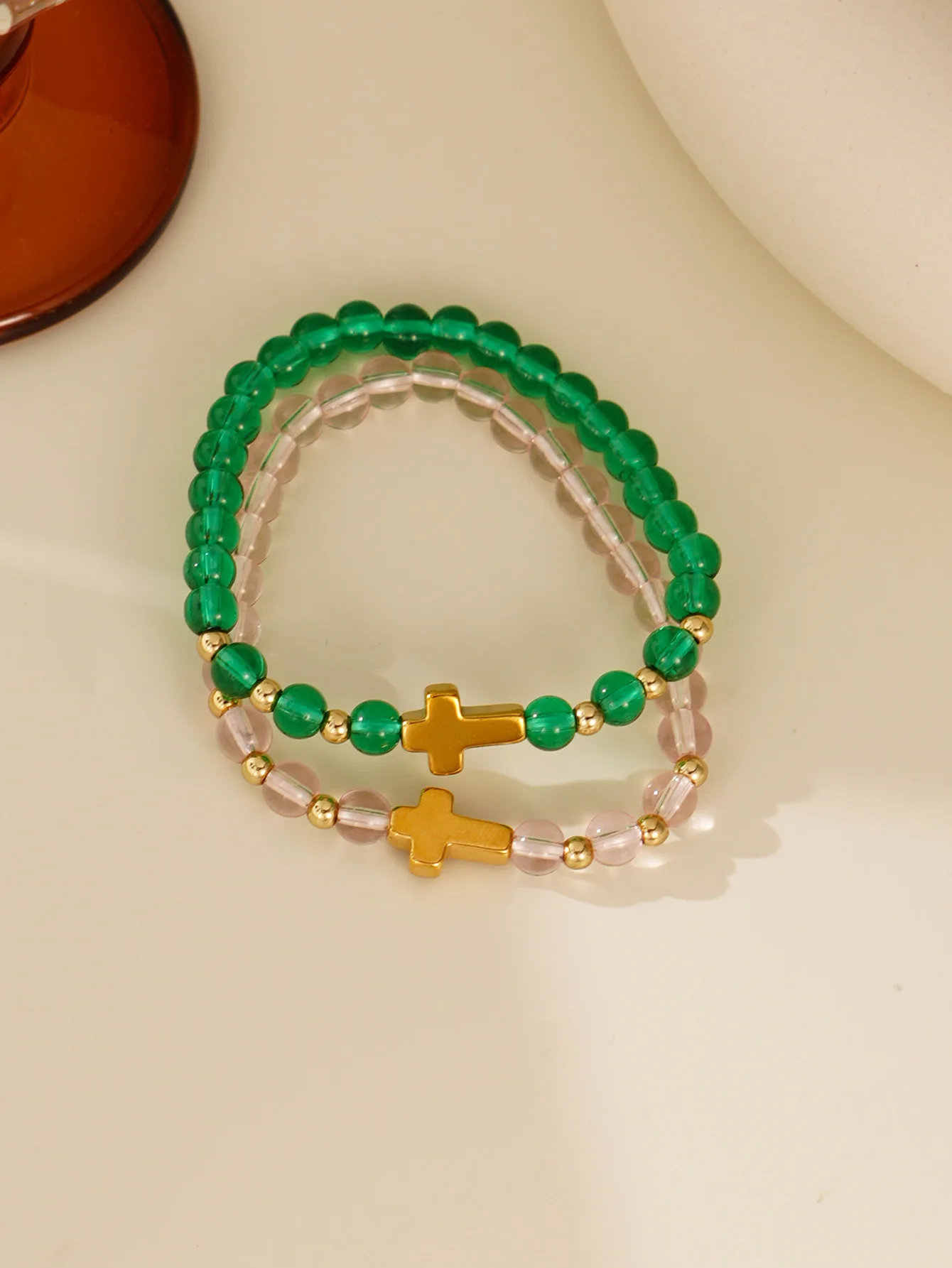 2pcs Minimalist Plastic Bead Cross Design Elastic Bracelet for Women
