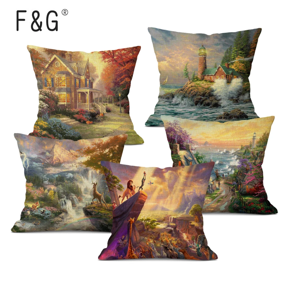 

Thomas Rural Forest Scenic Dreamy Village Town Scene Sailboat Lighthouse Sofa Decoration Pillow Case Scenery Cushion Cover