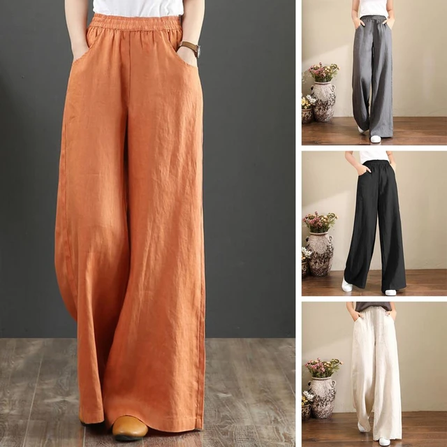 Women Trousers Solid Color Loose Stretchy Waist Wide Leg Straight
