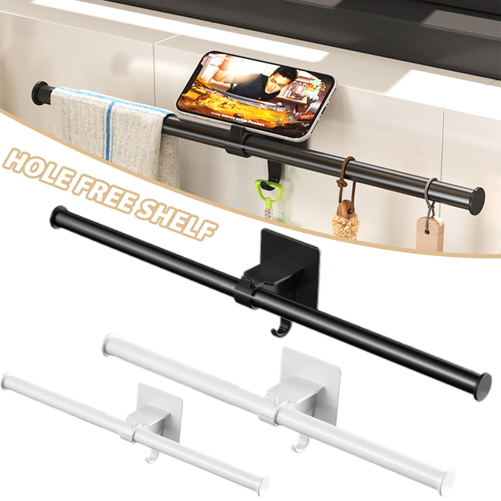 Auto-adesivo punch-livre cozinha multi-purpose pendurado haste de aço inoxidável rack de armazenamento de pano suporte de telefone móvel casa ajustável