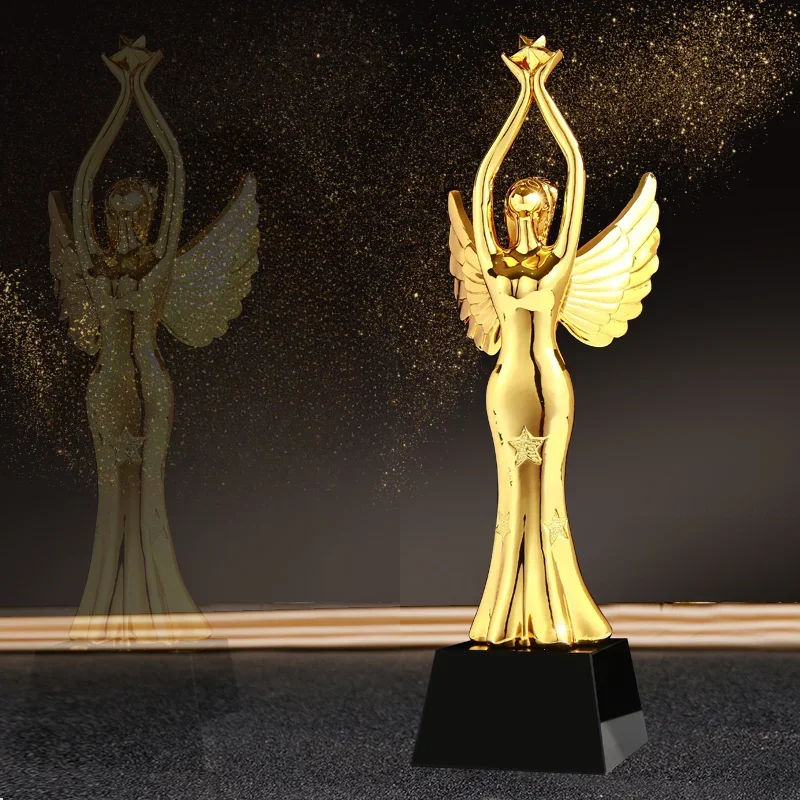 Customized Small Gold People Resin Crystal Trophy Medical Staff Outstanding Employee Award Dance Wing shape Trophy Souvenir, 1Pc