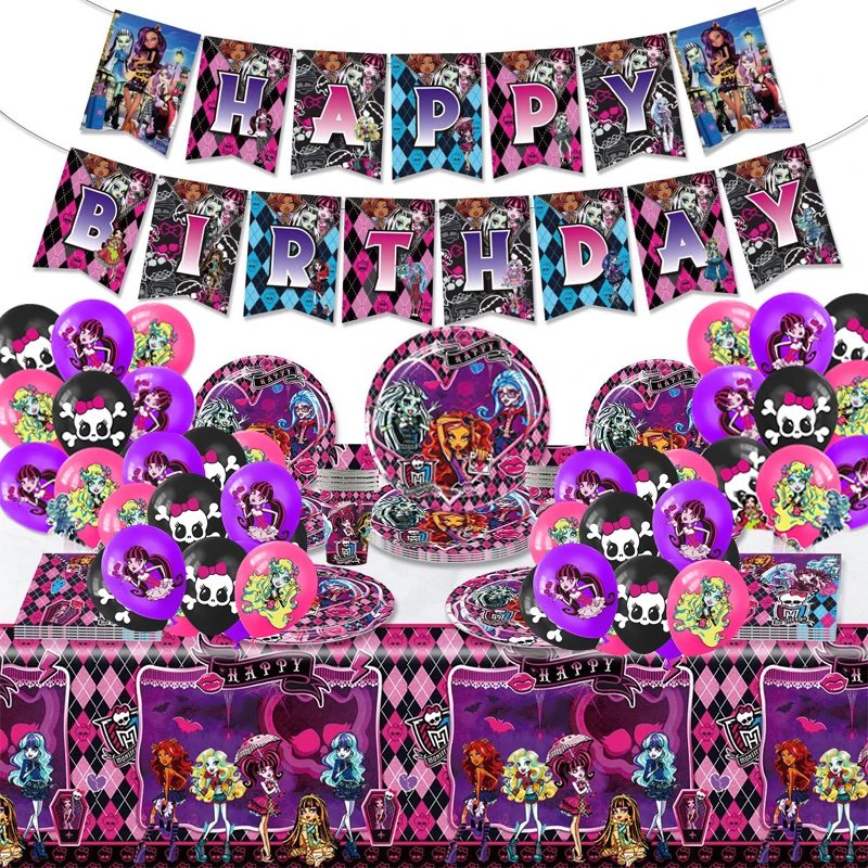 74pcs/lot Birthday Party Monster High Theme Decorations Tableware Cup Plate Napkin Tablecloth Latex Balloon Letter Banner 6pcs lot retro elephant diamond napkin ring metal napkin ring wedding party tableware napkin buckle desktop decorations