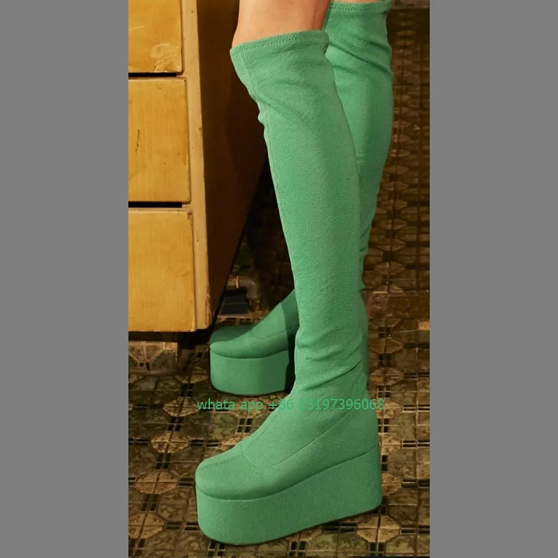 

Lady green platform design over the knee boots elastic platform causal dance party daily boots height top boot footwear size 46