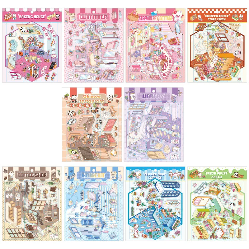 Cartoon Miniature Scene Stickers 2 Sheets No Cutting Landscape Stickers 3D Stereoscopic Hut Hand Tent Children's stickers scrapbooking supplies