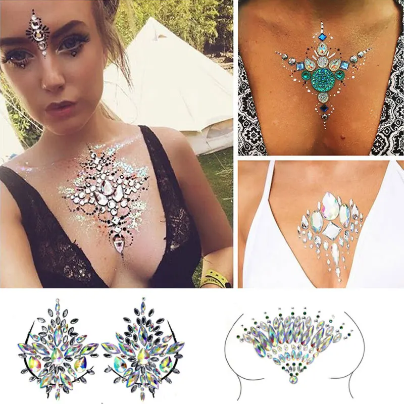 3D Shiny Crystal Girl Temporary Tattoo Sticker Chest Acrylic Rhinestone Chest Sticker Diamond Strip Carnival Party Ornamen tattoo sticker temporary tattoos