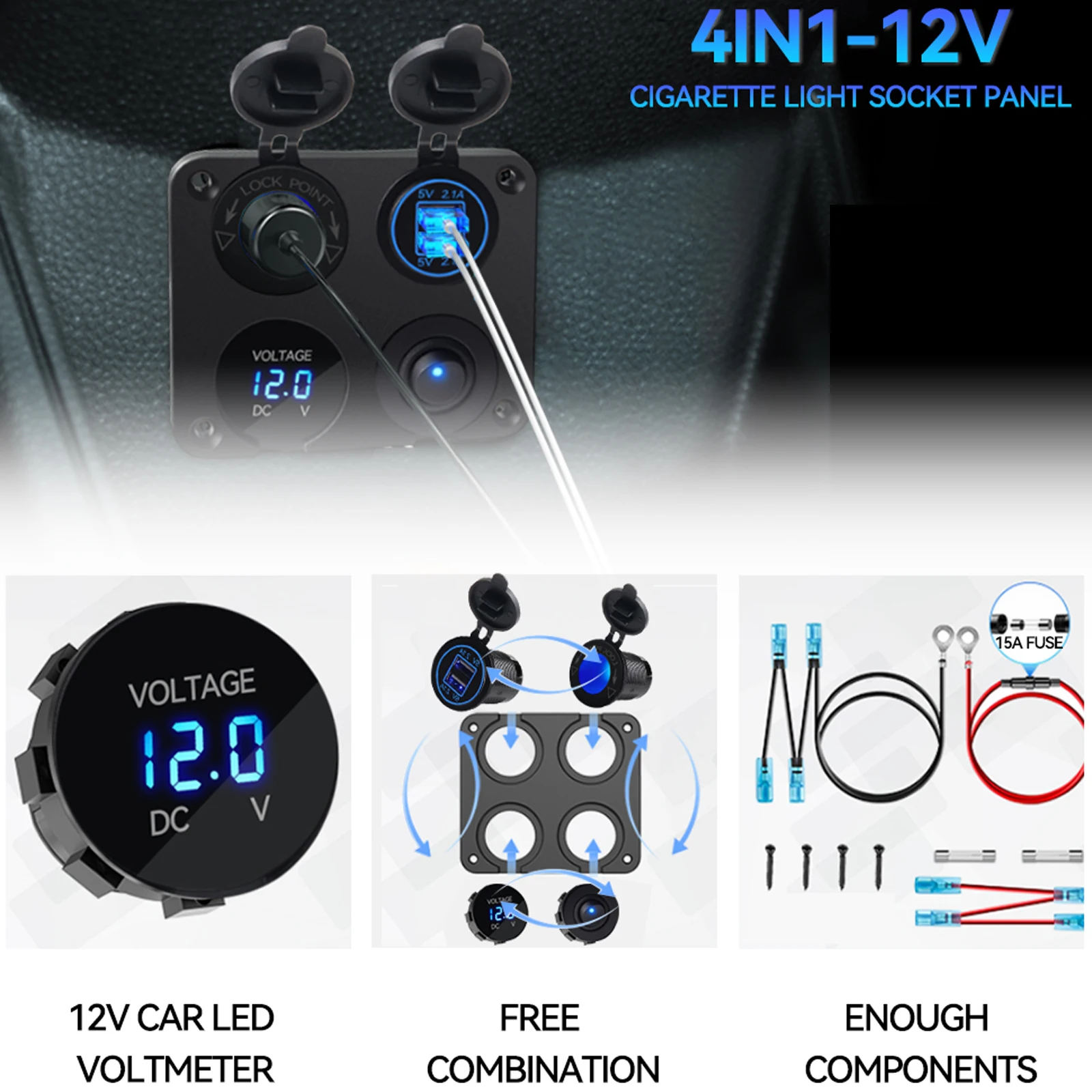  USB Ʈ ޴ ,     ܼƮ, LED а, 4 in 1 г, 12-24V, 4.2A ġ ư ѱ/