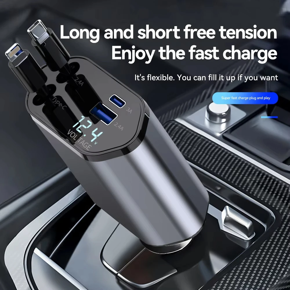 4in1 Car Charger Retractable USB Type C Cable Car Cigarette Lighter Adapter For IPhone 15 16 Pro Max Xiaomi Huawei Samsung