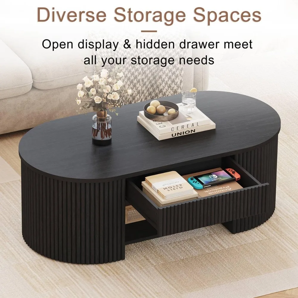 Modern Wood Fluted Coffee Table with Drawer & Shelf, Mid-Century Oval Living Room Storage Center Table (Black)