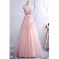 Gorgeous Pearl Pink Evening Dresses Illusion Strap Lace Appliques Square Neck V-Backless Gowns Slim A-Line Maxi Party Prom Dress - Image 2