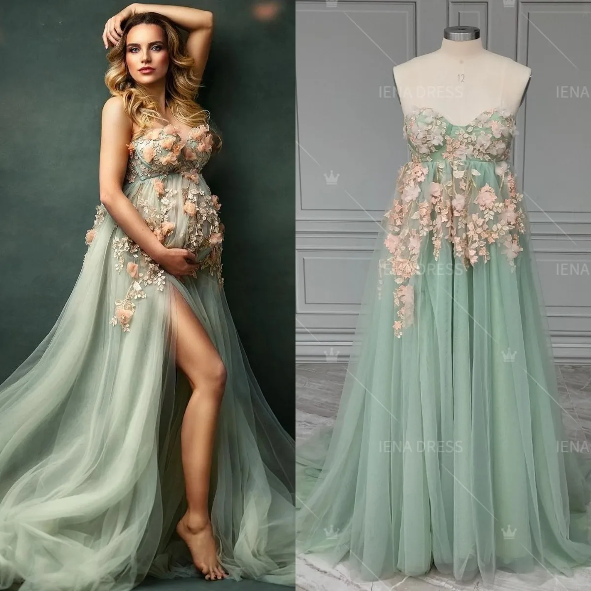 Maternity Dress Photoshoot Tulle with Mint Green Appliques 3D Flowers Off Shoulder for Baby Shower
