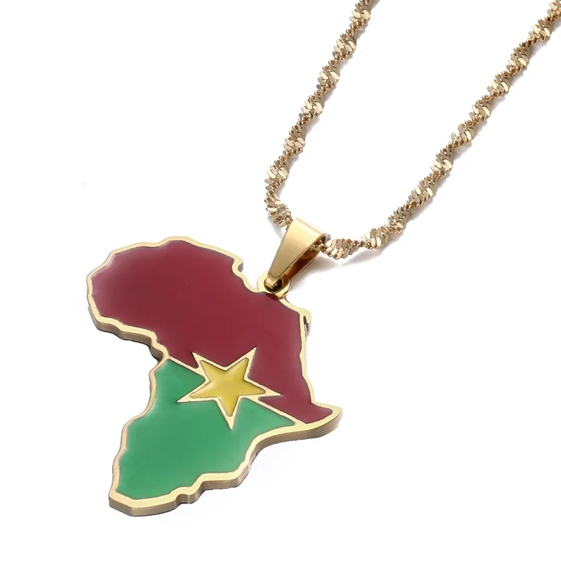 Africa Burkina Faso Map Flag Pendant Necklace Gold Color Stainless Steel African Jewelry Gift 3