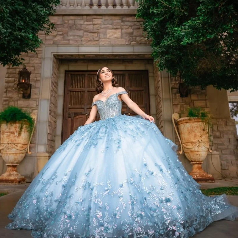 

Sky Blue Shiny Quinceanera Dresses Sparkly Luxury Sequins Flower Beads Sweet 16 Year Vestidos De 15 Anos Birthday Party Gown