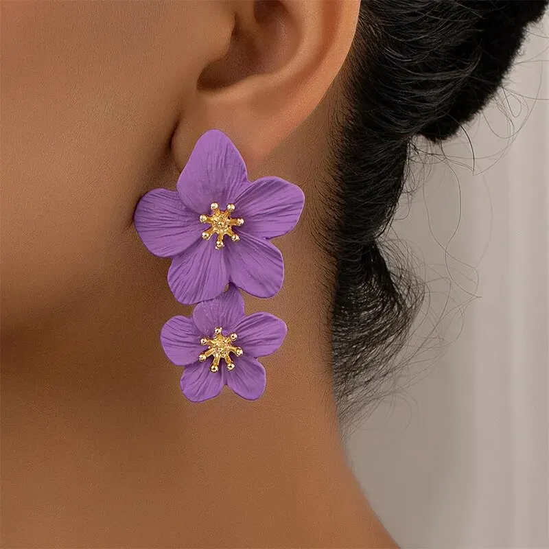 Purple Flower Drop Earrings For Women Double Layer Petal Flowers Earrings Dangle Daisy Spring Summer Earrings Party Jewelry