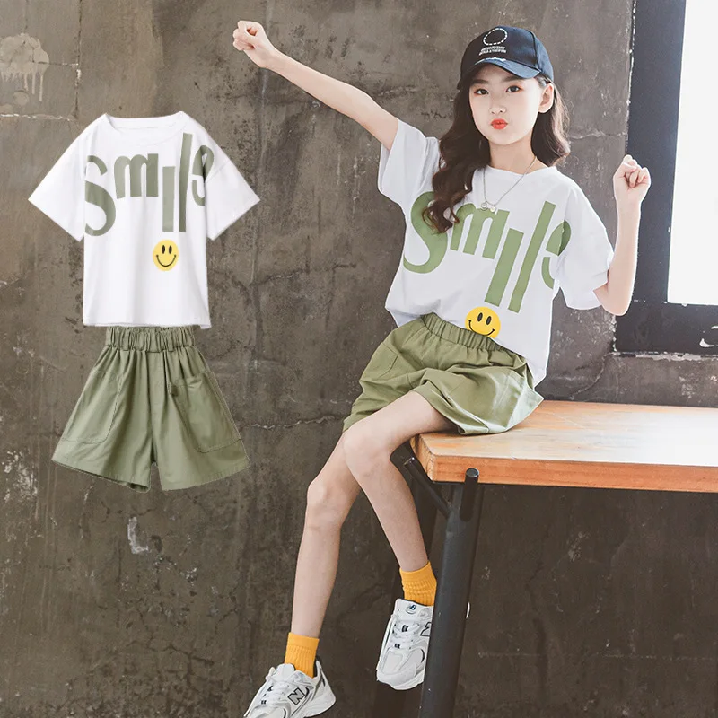 

Летний детский спортивный костюм ZOETOP для девочек, дышащий Повседневный Топ с алфавитом для начальной школы и шорты с широкими штанинами для девочек