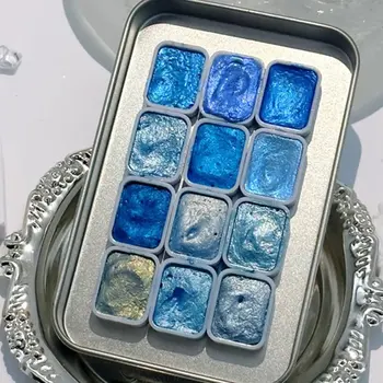 Set portatile di acquerello solido blu da 12 colori Pittura artistica Forniture artistiche Regali per unghie per manicure Super Bling