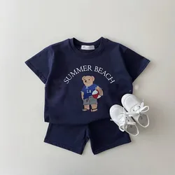 2023 Summer New Baby Short Sleeve Clothes Set Cute Bear Print Boys Girls T Shirt + Shorts Suit Cotton Children Casual 2pcs Suit