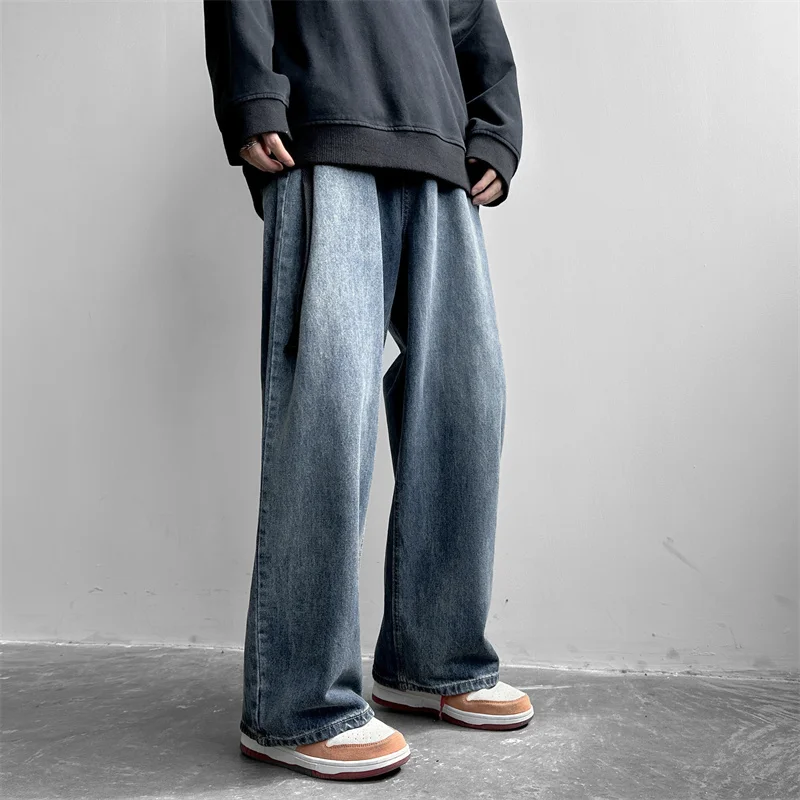 

Men's Pure Color Cargo Jeans Simple All-match Wide Leg Pants Trousers Men Hip Hop Streetwear Vintage Fashion Casual Denim B12