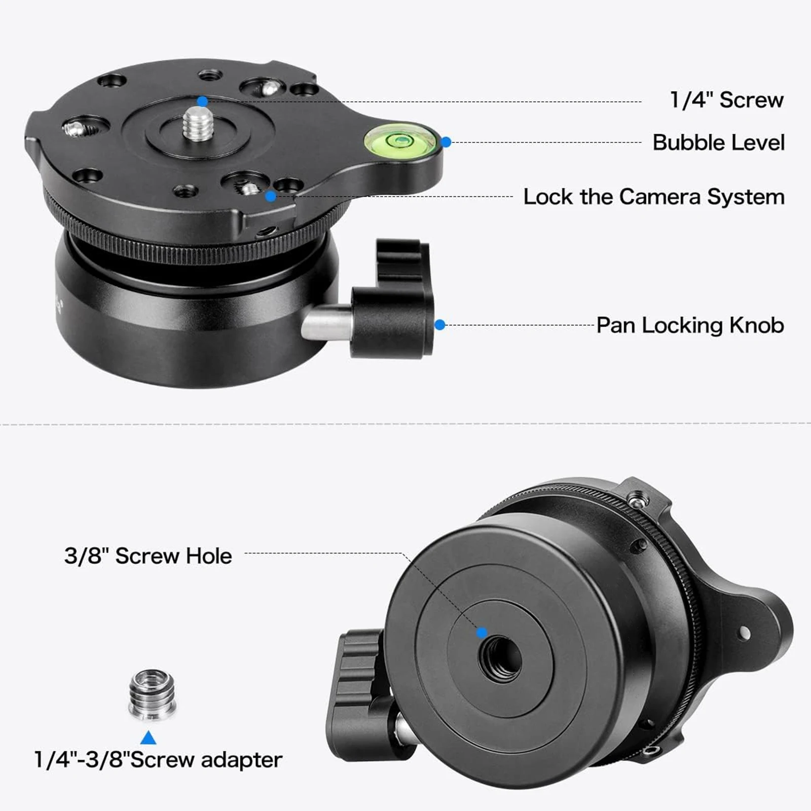 Lanxire Tripod Head Leveling Base Leveling Head Half Ball 1/4" Thread Offset Bubble Level For DSLR Canon Nikon Sony Tripod Ball Head Leveling Base Mount
