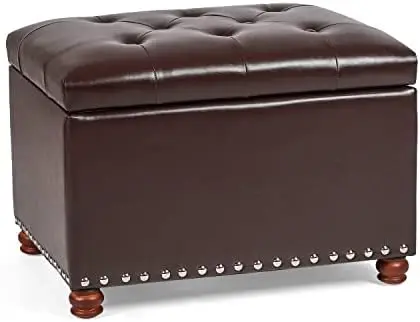 

Linen Blend Fabric Accents Rectangular Storage Bench Ottoman Footstool, Footrest Side Living Room Bedroom Coffee Table, 24x17.5x