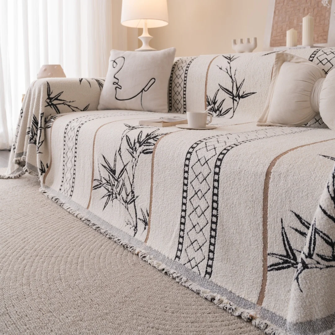 1pc Bamboo Style Fluffy Warm Sofa Towel with Tassels, Sofa Cover Blanket for Living Room - Cozy Throw Blanket for Couches 1