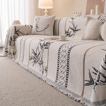 1pc Bamboo Style Fluffy Warm Sofa Towel with Tassels, Sofa Cover Blanket for Living Room - Cozy Throw Blanket for Couches 1