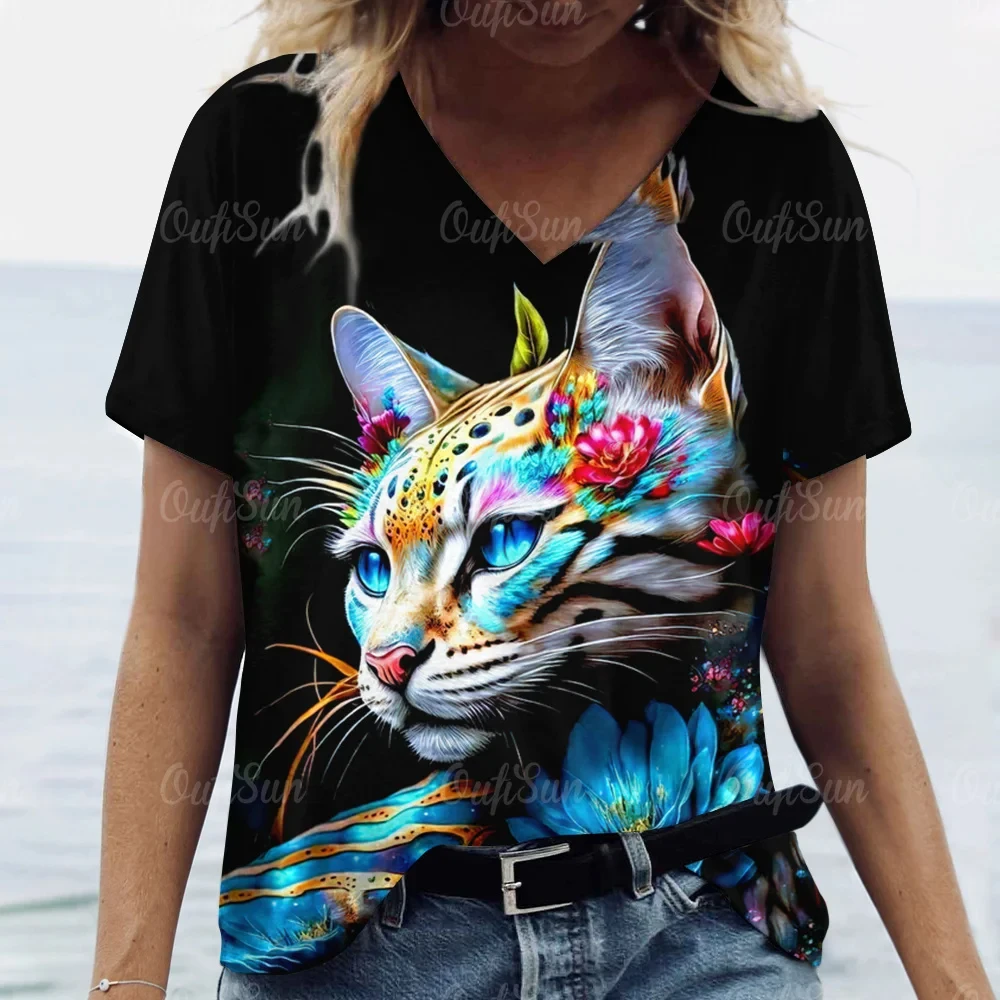 

Funny Cat Print Women's T-Shirts Top Short Pullover Sleeved Fashion Street Round-Neck Tee Shirt Female Everyday Clothing Summer