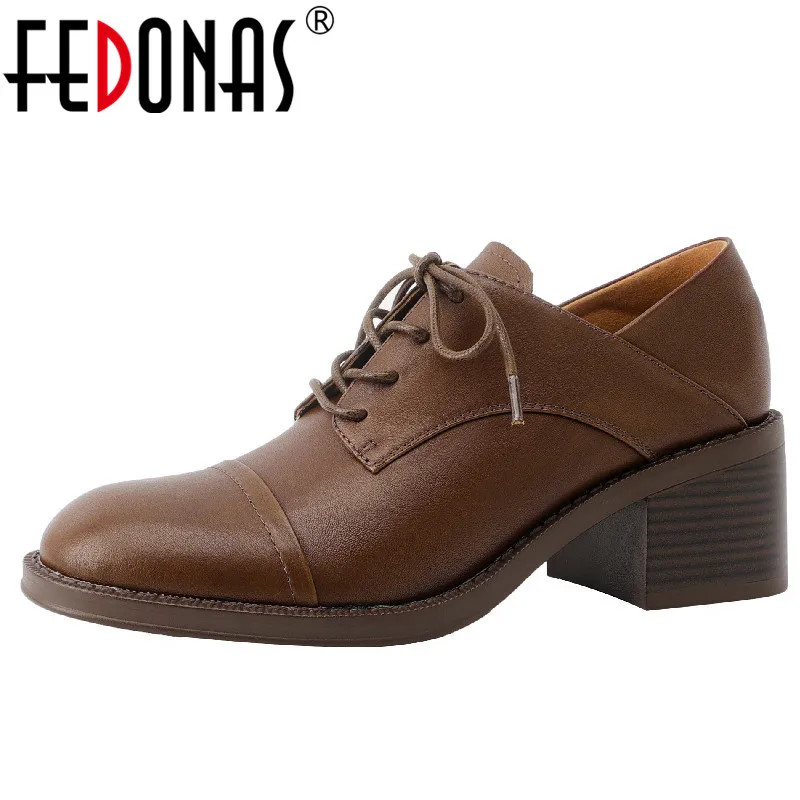 

FEDONAS Classic Retro Style Women Pumps Spring Summer Working Casual Genuine Leather Round Toe Thick Heels Lace-Up Shoes Woman