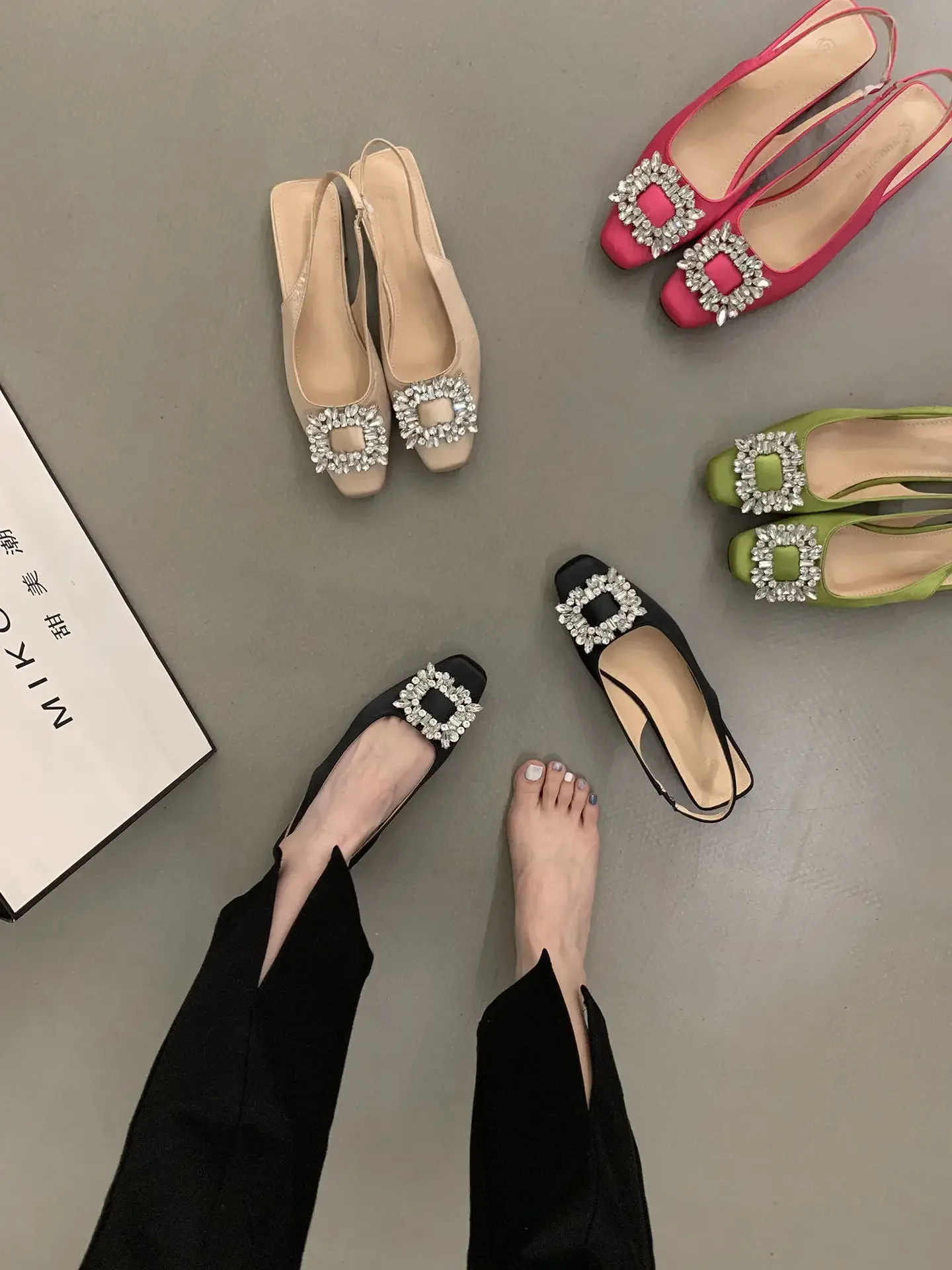 Rhinestone Women's Pumps Pointed Toe Slingback Thin-heeled Female Sandals New Fashion Crystal Shallow Mouth Ladies Shoes