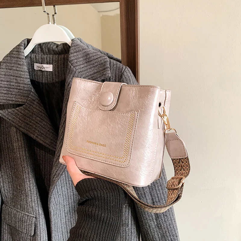 Vintage Simple PU Leather Bucket Crossbody Bags for Women Luxury Designer Handbagt Lady Black Shoulder Bag