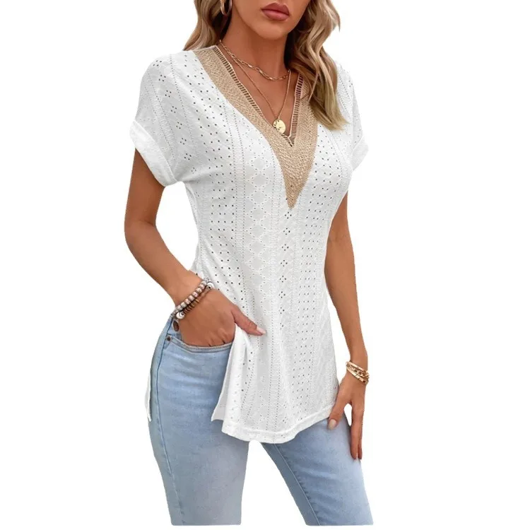 

Женская Кружевная футболка средней длины, однотонная Удобная Повседневная футболка с V-образным вырезом и разрезом сбоку, весна-лето