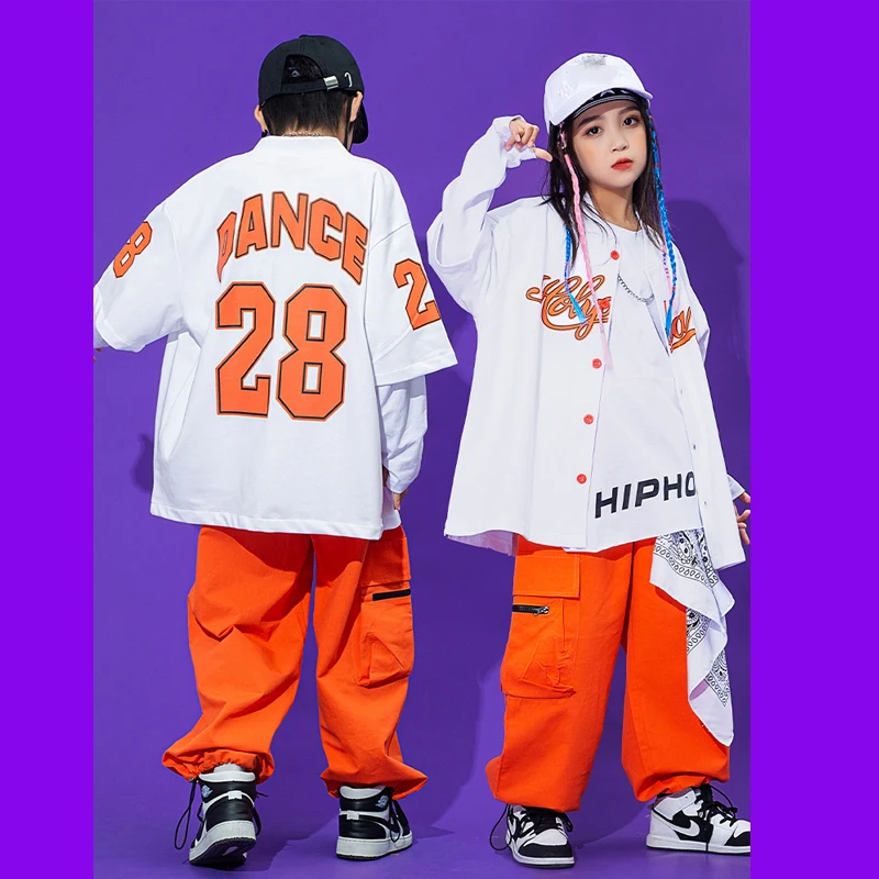 

Clothing For Girls Boys Jazz Performance Costumes New Ballroom Hip Hop Dance Rave Clothes Loose Shirts Cargo Pants Kpop