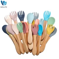 Baby 2pcs Silicone Fork Spoon Baby Beech Wood Feeding Spoon Toddlers Infant Feeding Accessories BPA Free Baby Feeding Tableware 1