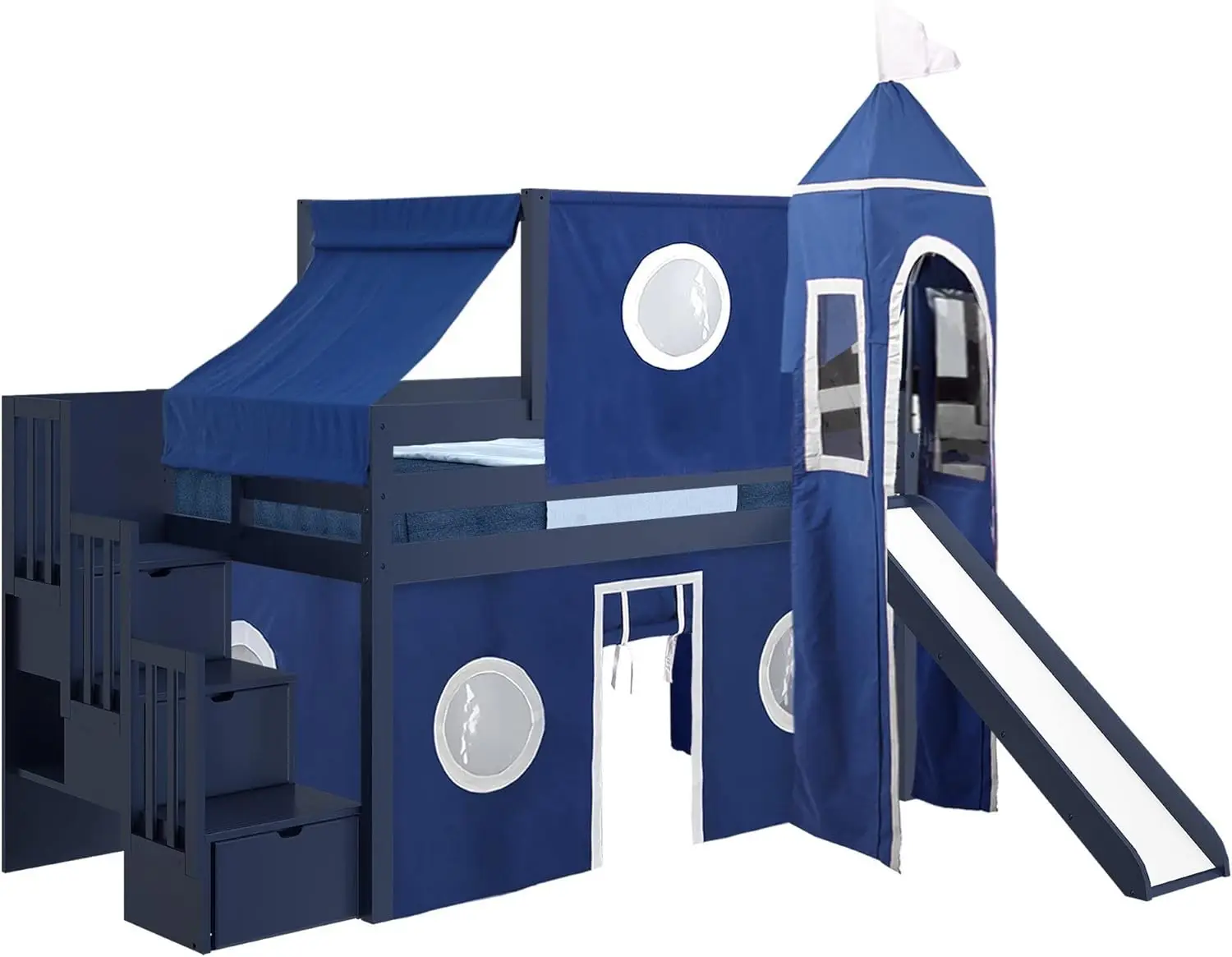 Castle Low Loft Stairway Bed with Slide Blue & White Tent and Tower Loft Bed Twin Suitable for Attic Beds Stairs Slides Only