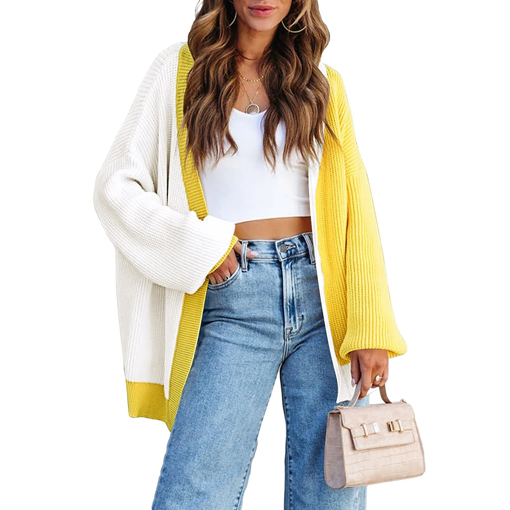 

Fall Long Cardigans Women Batwing Sleeve Open Front Ribbed Knit Oversized Cardigan Sweaters Casual Loose Contrast Color Sweater