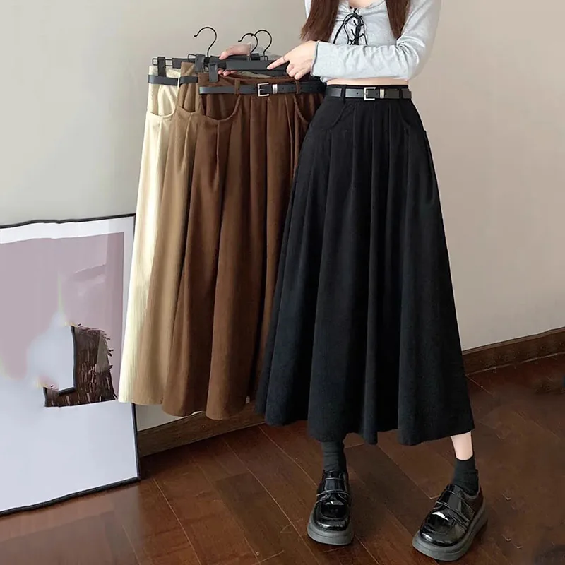 Xpqbb Autumn Winter Women Long Skirt Vintage Corduroy High Waist A-Line Skirts Female Fashion Streetwear with Pocket Midi Skirt 1