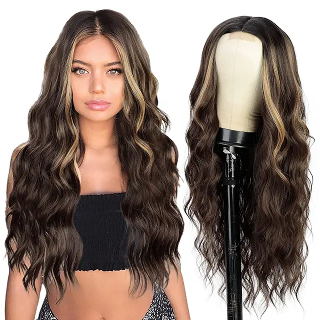 Synthetic Lace  Wigs For  Women  Middle Parting  26inch Long Wavy Hair Cosplay/Daily  3 Color optional   High Temperature Fiber 222-GXNYL2396-R2626