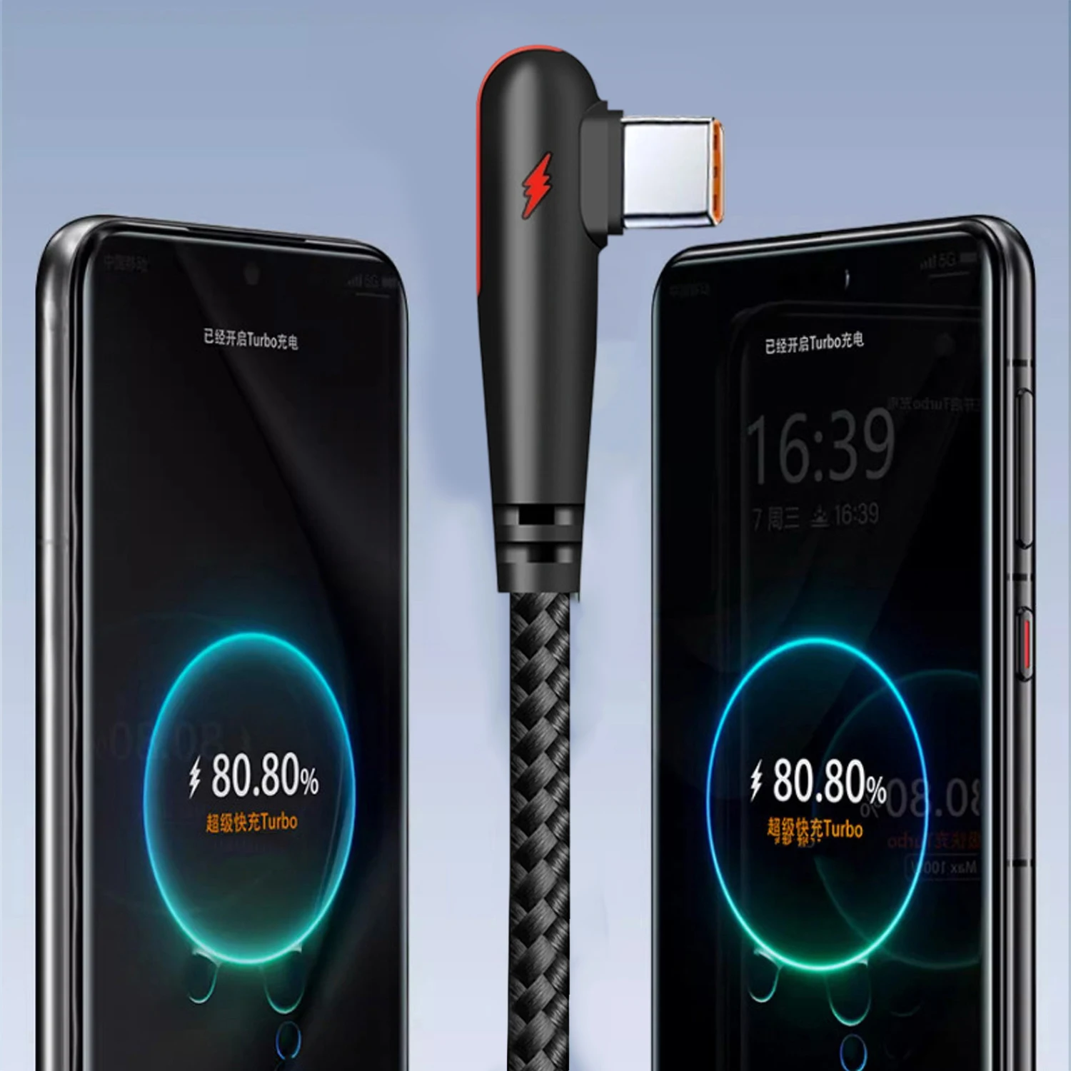 USB Type C 90 Degree Elbow Charger Cable - 120W Quick Charging Nylon Braided Cord