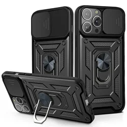 Military Grade Slide Camera Lens Protector Armor Case with Ring Cover - iPhone 15 Plus (Black)