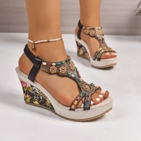 Woman Leather Summer Fashion Wedge Female Large Size Mid-heeled Platform Black New Comfortable Retro Sandals for Women - Image 3