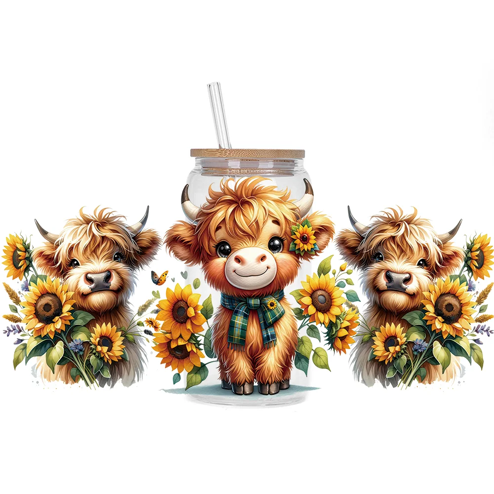 Highland cattle series Easy peel waterproof DIY Decals 3D transfers uvdtf crystal stickers 16oz uv dtf cup wraps for Glasses