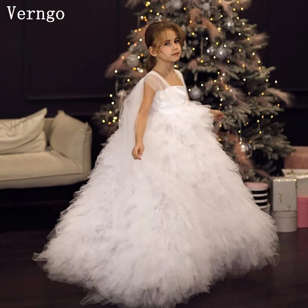 Verngo White Tulle Girl Flower Dress Spaghetti Straps A Line Tiered Kid Dresses Tiered Ball Gowns Princess Customzied